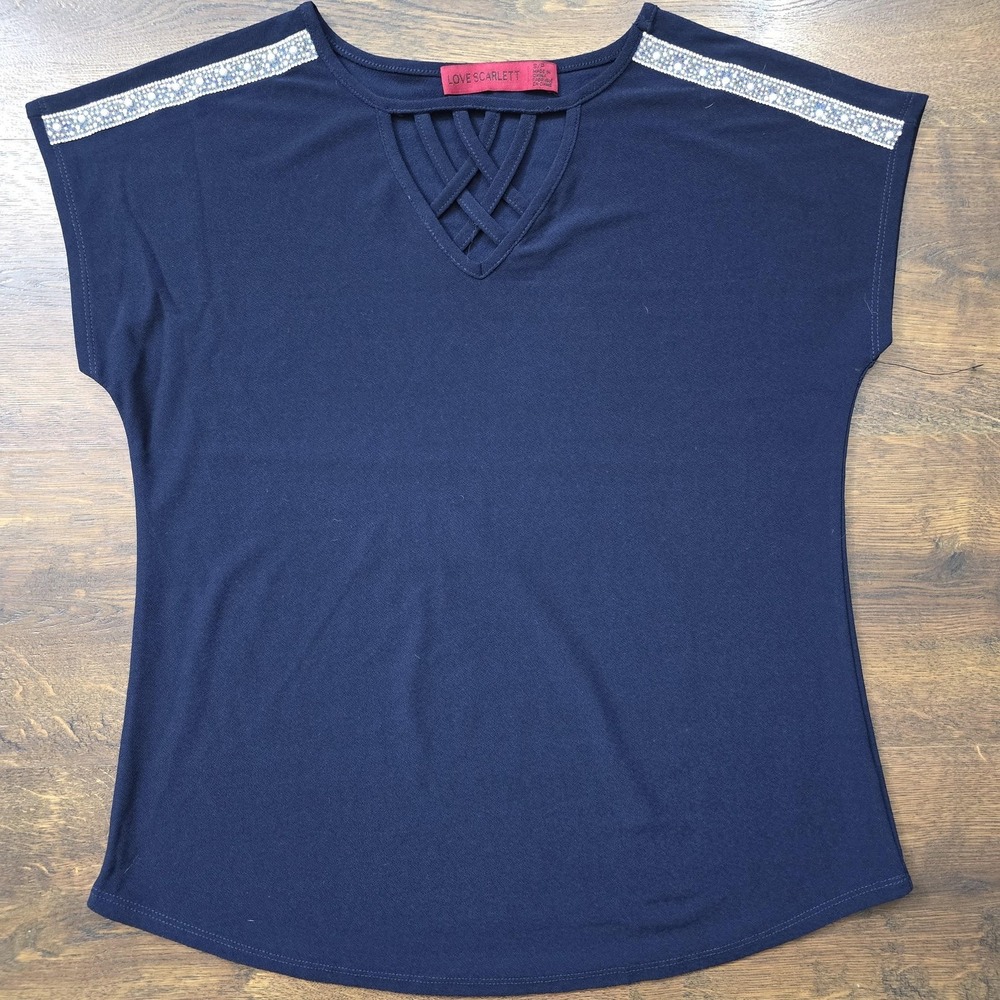 Love Scarlett Shirt Womens Small Blue Beaded Shoulder Lattice V-Neck Jersey Top